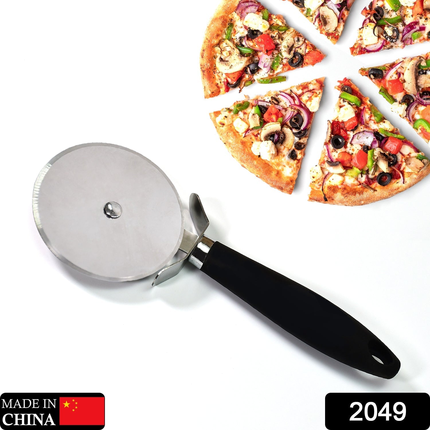 2049 Stainless Steel Pizza Cutter with black handle, Sandwich & Pastry Cutter, Sharp, Wheel Type Cutter. DeoDap