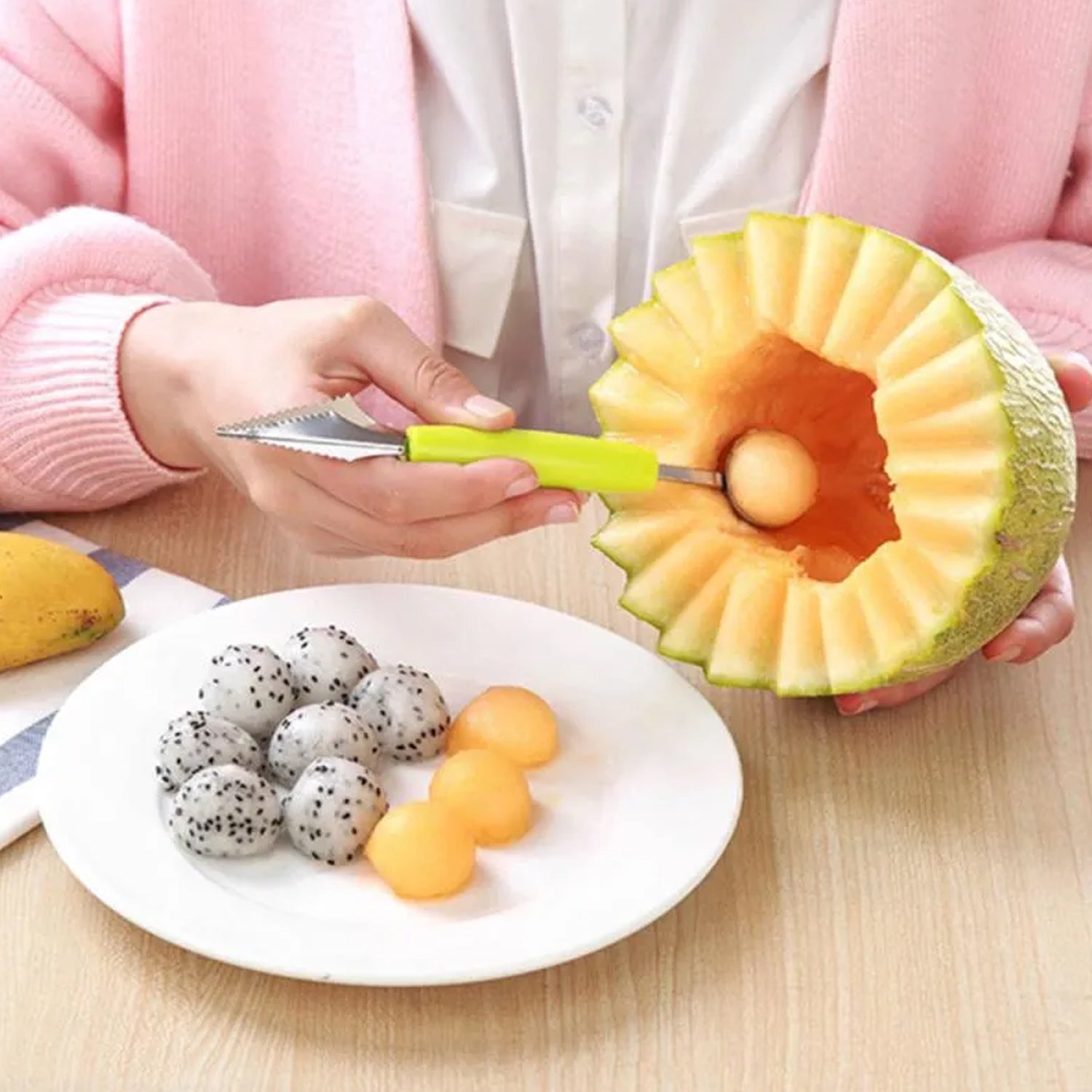 7031 Multifunctional Stainless Steel Fruit, Vegetable Pattern Carving Knife Peeler Corer Spherical Dig Ball Scoop, Garnishing Dig Ball Spoon Kit. DeoDap