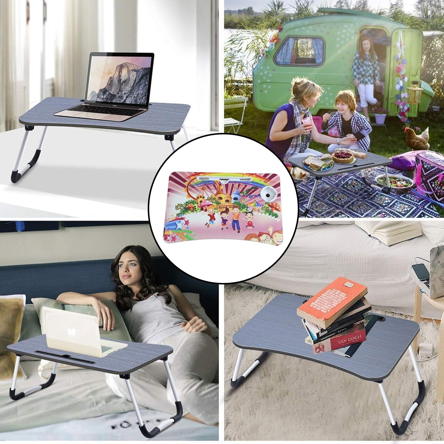 7717 FOLDABLE BED STUDY TABLE PORTABLE MULTIFUNCTION LAPTOP TABLE LAPDESK FOR CHILDREN BED FOLDABLE TABLE WORK OFFICE HOME WITH TABLET SLOT & CUP HOLDER