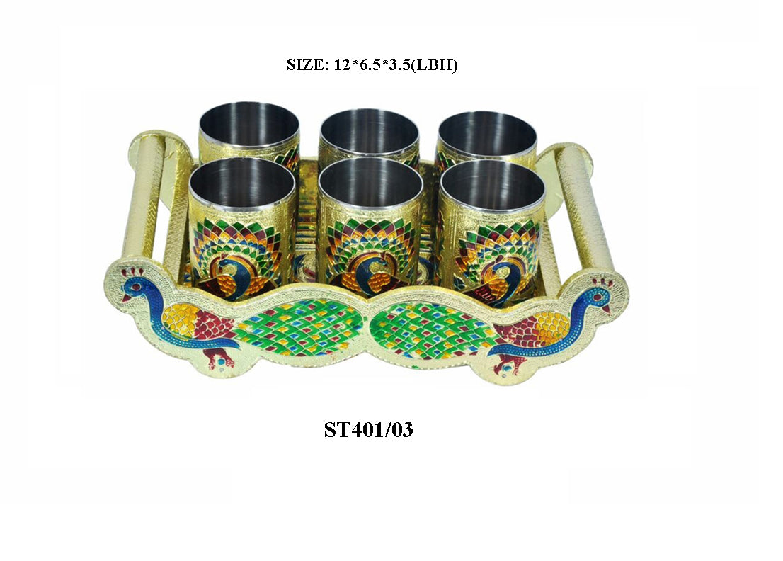 2125 Peacock Design Glass with Handle and Handicraft Serving Tray Set DeoDap