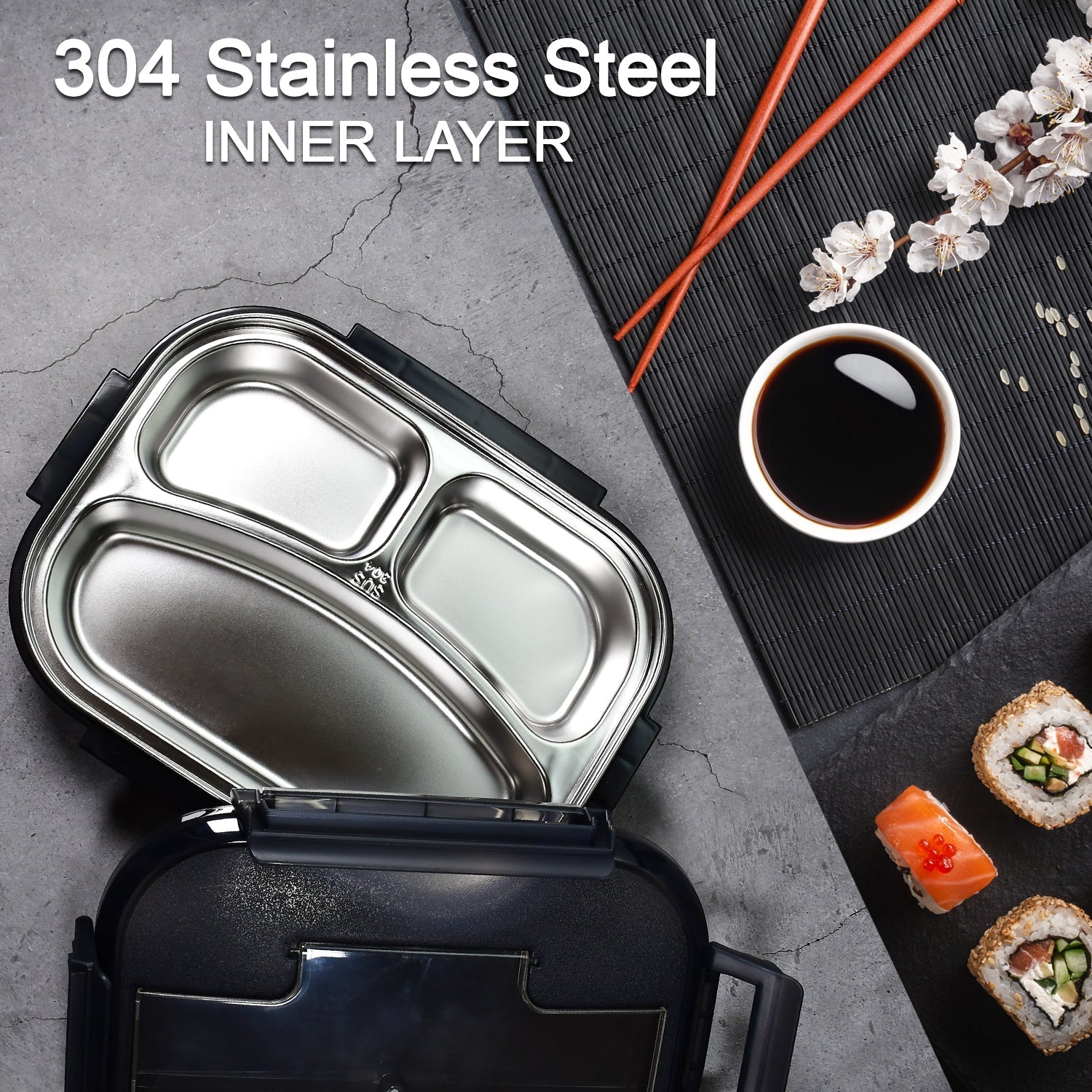 2042 Black Lunch Box for Kids and adults, Stainless Steel Lunch Box with 3 Compartments With spoon slot. DeoDap